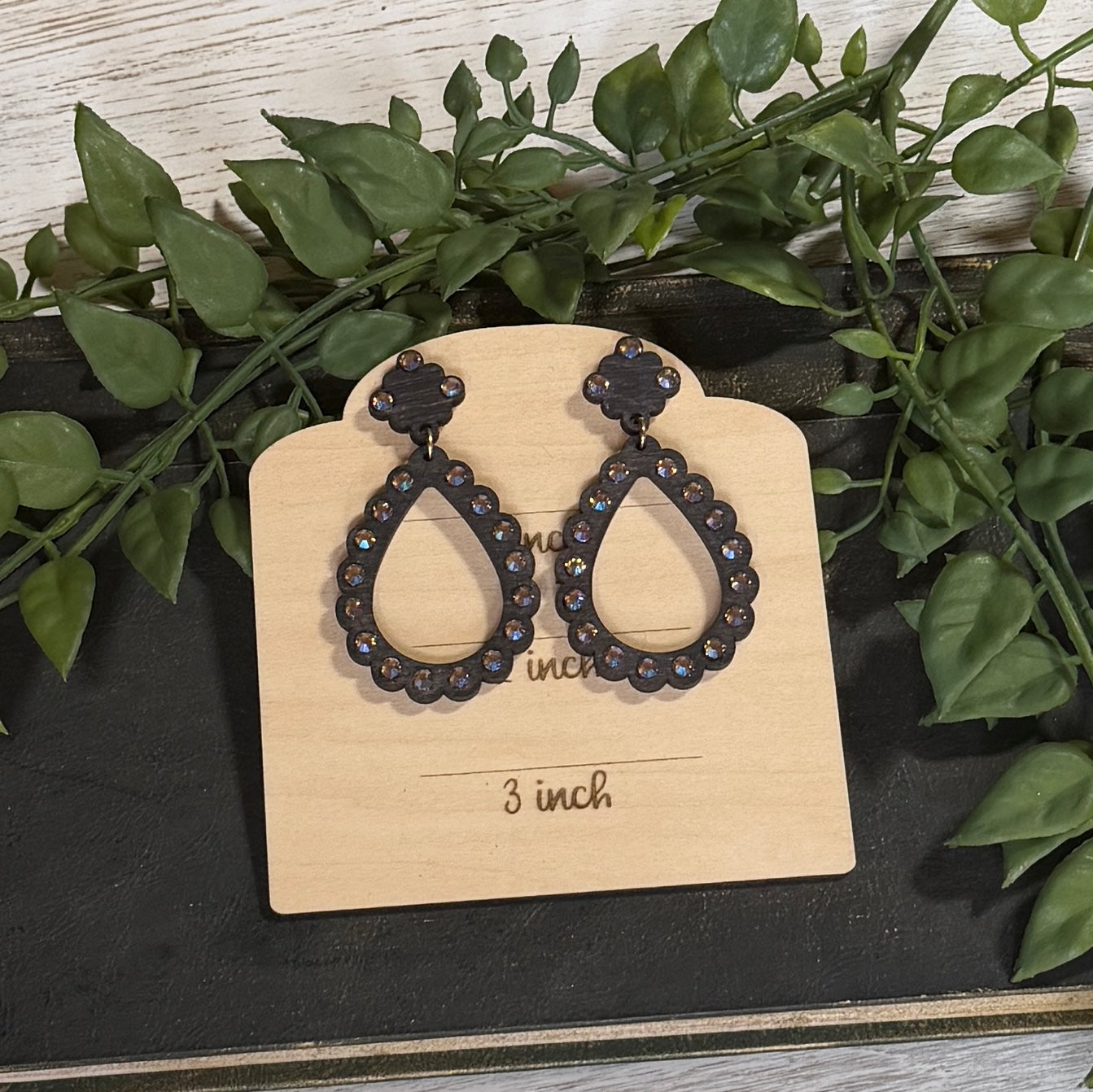 Wood Earrings -  Teardrop Rhinestone with Matching Top
