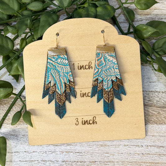 Leather Earrings - Boho Fringe Turquoise - 3 layer