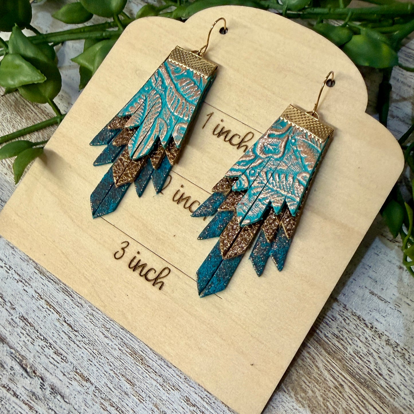 Leather Earrings - Boho Fringe Turquoise - 3 layer