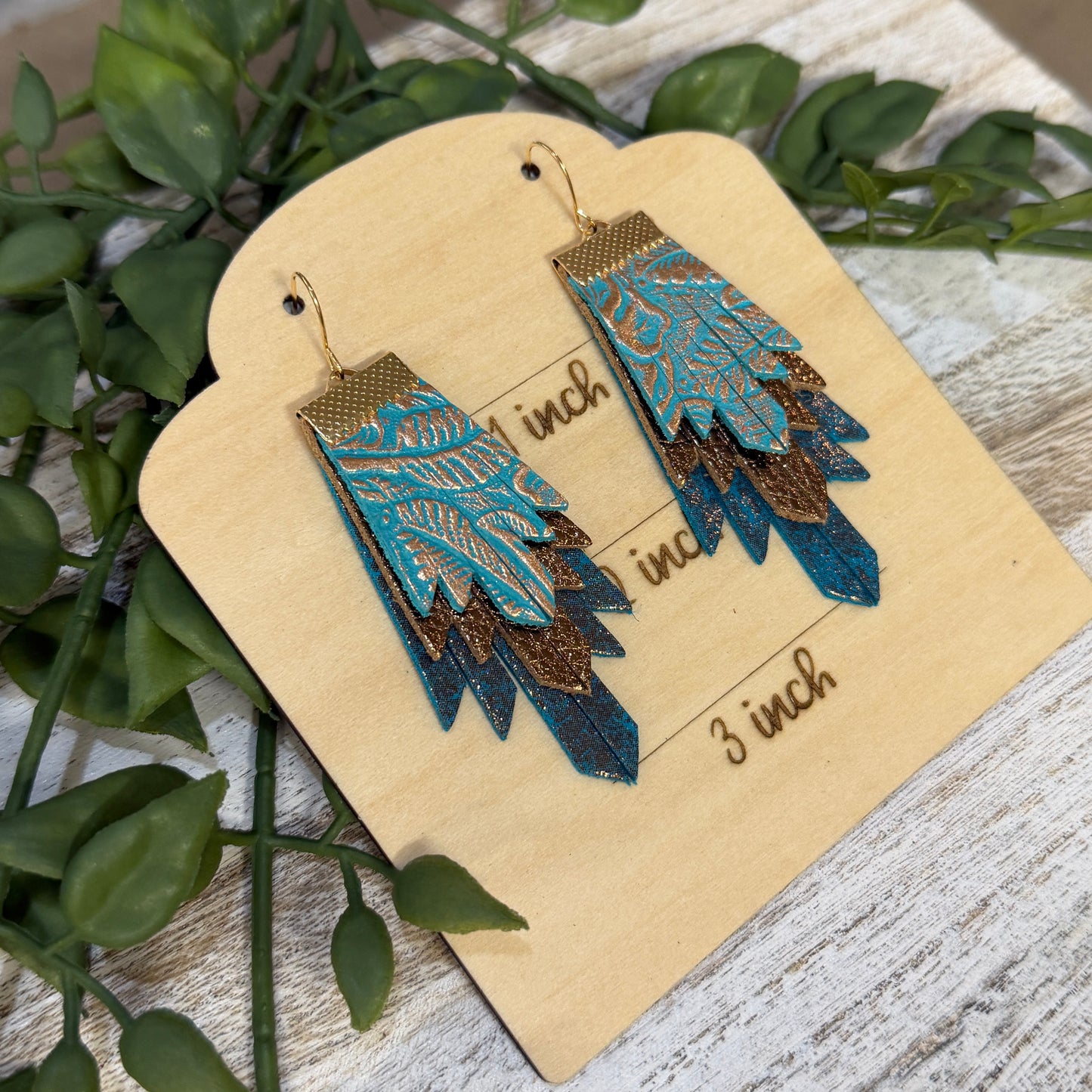 Leather Earrings - Boho Fringe Turquoise - 3 layer