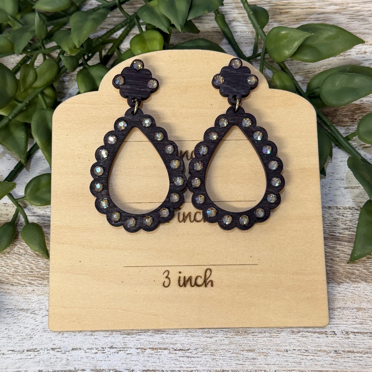 Wood Earrings -  Teardrop Rhinestone with Matching Top