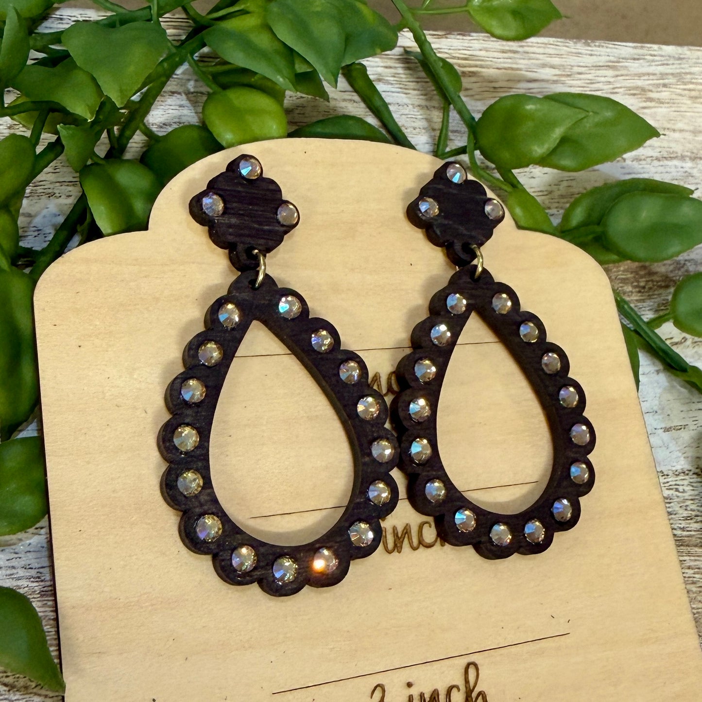 Wood Earrings -  Teardrop Rhinestone with Matching Top