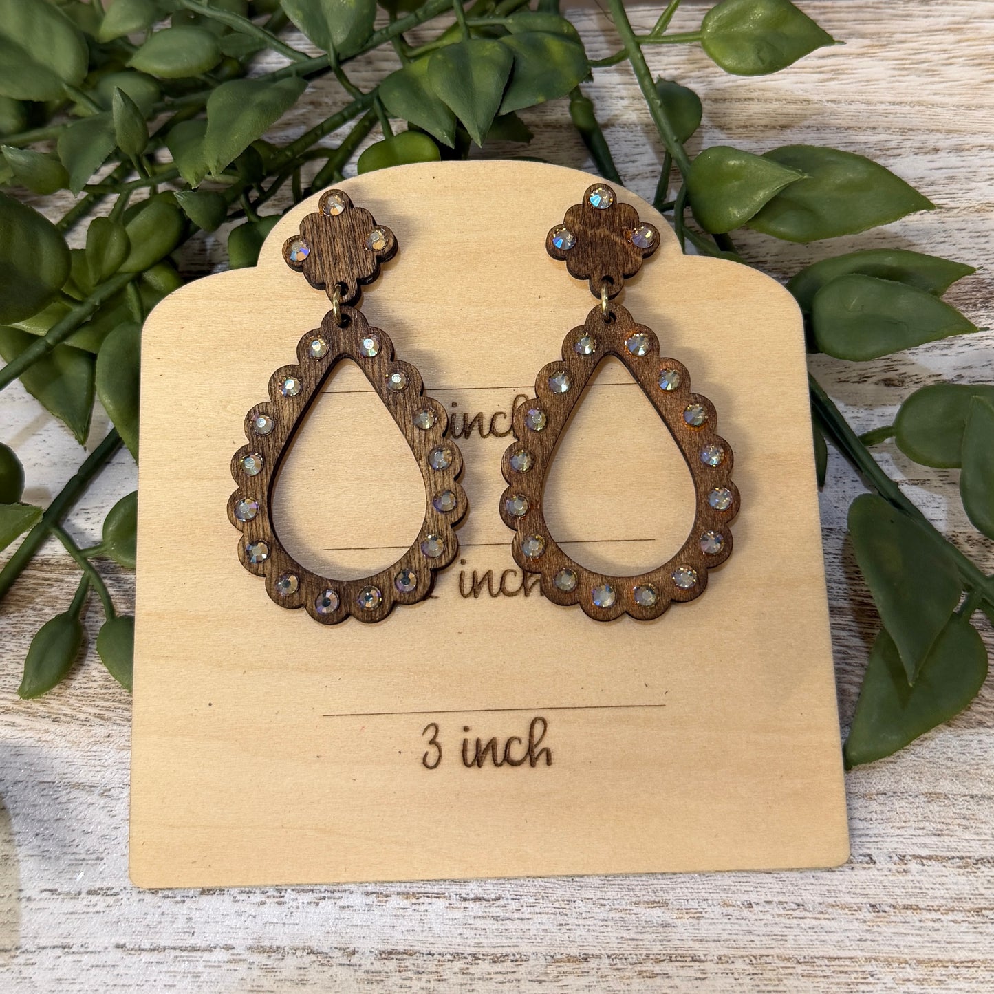 Wood Earrings -  Teardrop Rhinestone with Matching Top