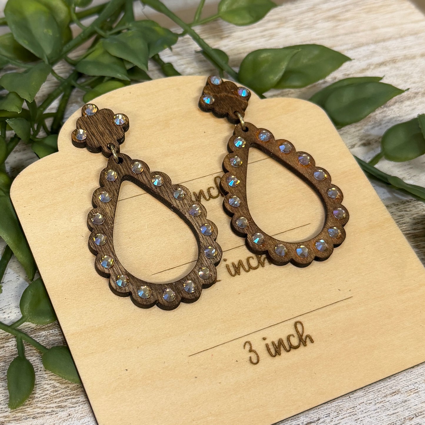 Wood Earrings -  Teardrop Rhinestone with Matching Top