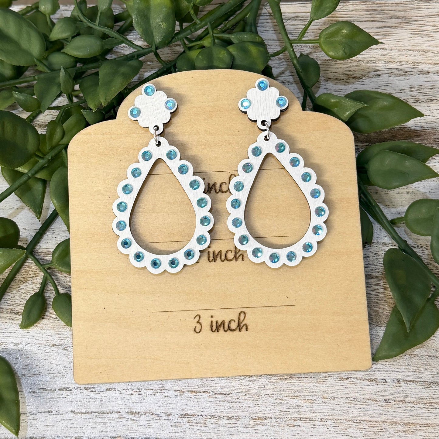 Wood Earrings -  Teardrop Rhinestone with Matching Top