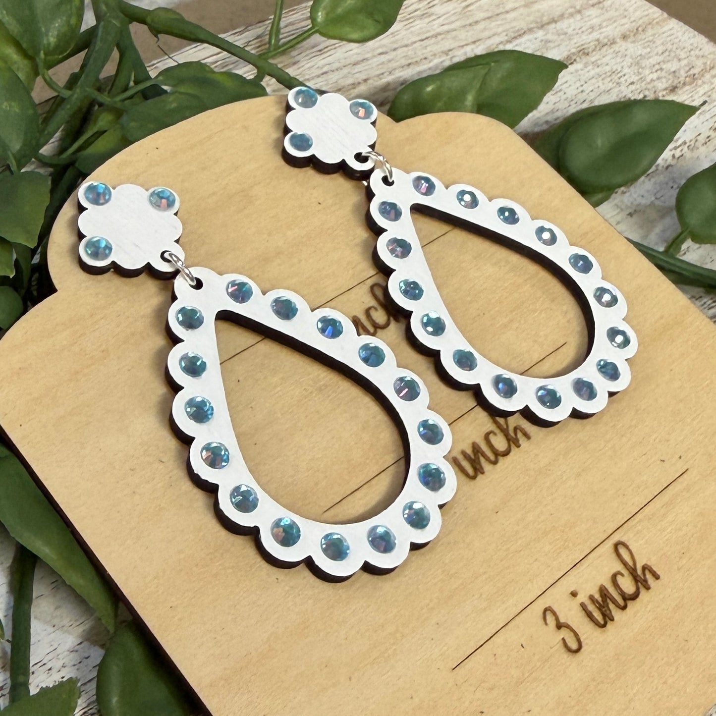 Wood Earrings -  Teardrop Rhinestone with Matching Top