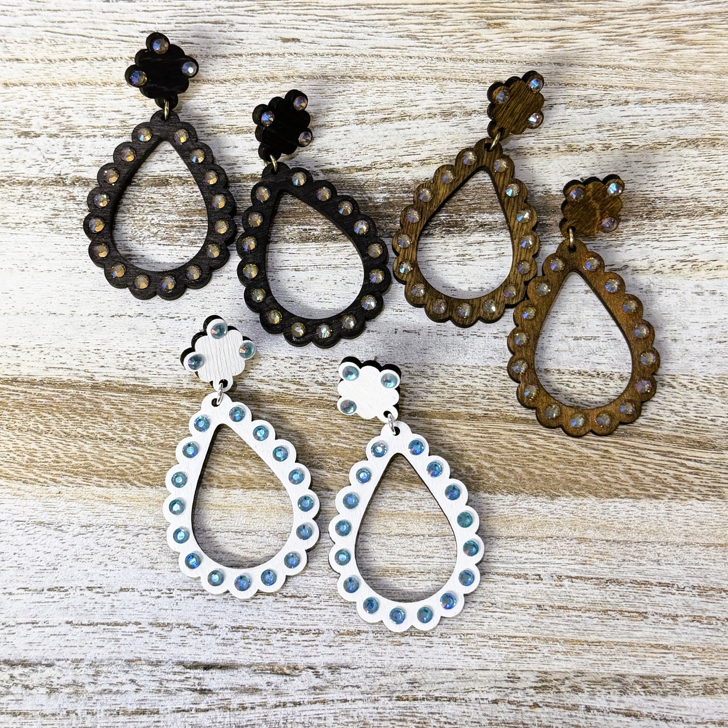 Wood Earrings -  Teardrop Rhinestone with Matching Top