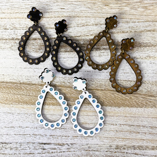 Wood Earrings -  Teardrop Rhinestone with Matching Top