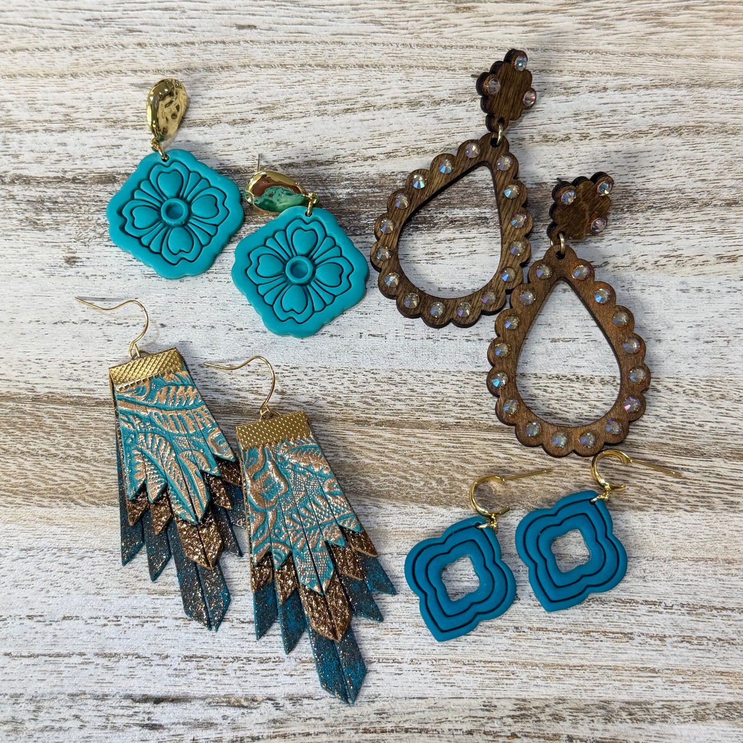 Wood Earrings -  Teardrop Rhinestone with Matching Top