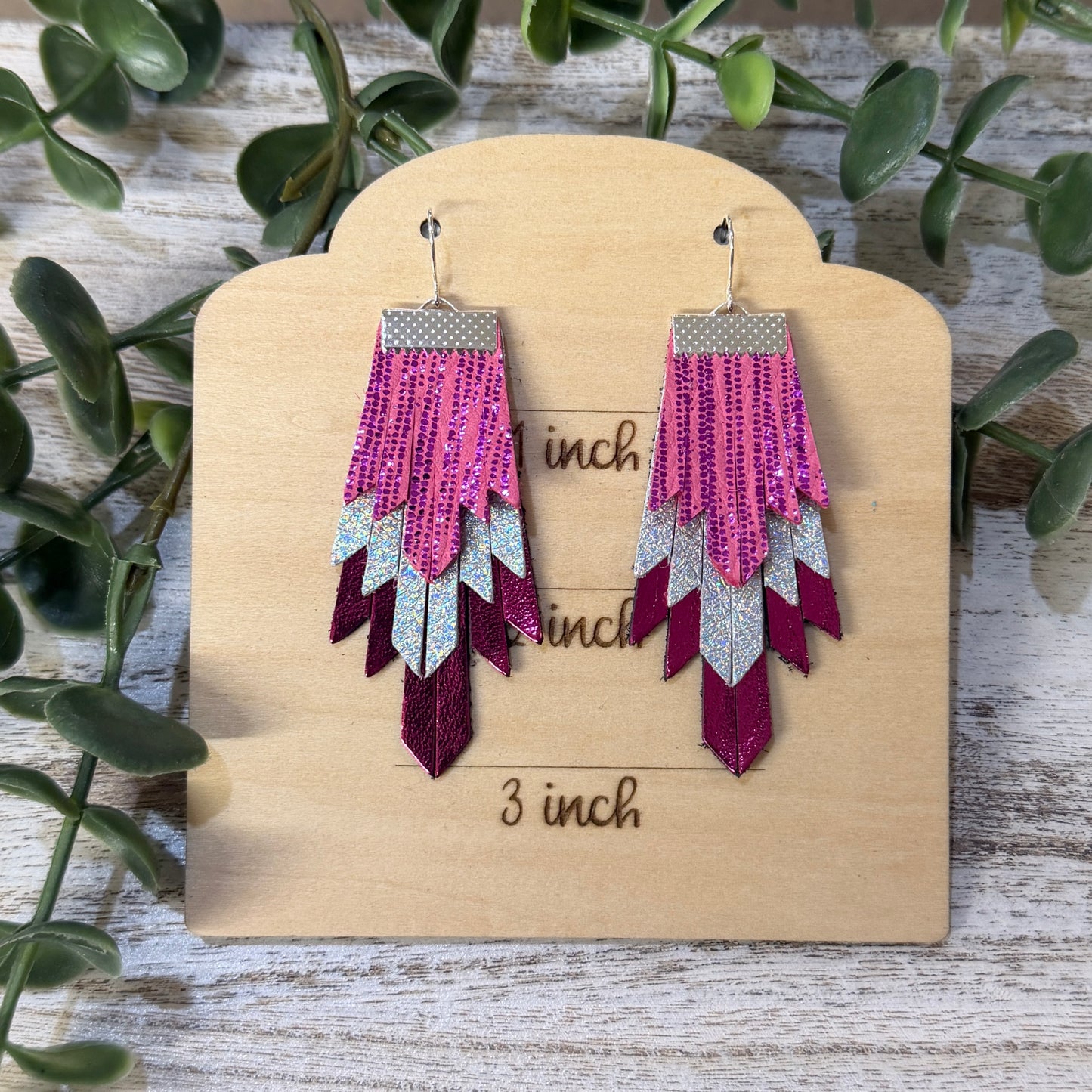 Leather Earrings - Boho Fringe Pink - 3 layer